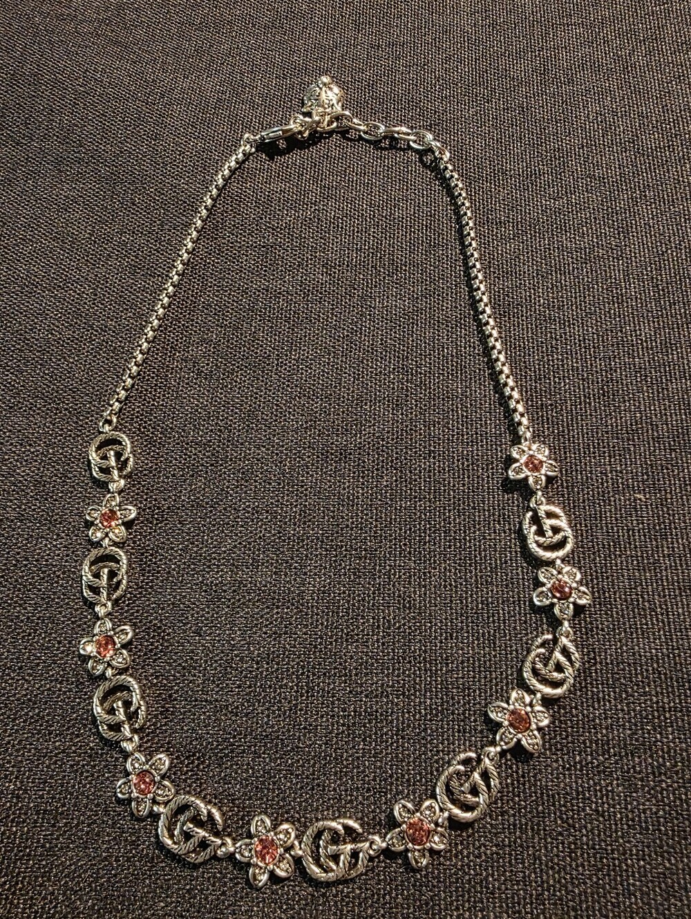 USED...Gucci Floral Silver Necklace With Pink Gems.